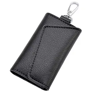 TASLAR PU Leather ID Credit Debit Card Holder Pouch Change Wallet with Chit Button for Home Office Car Bike Key Ring 7 Keychain Slots (Black)