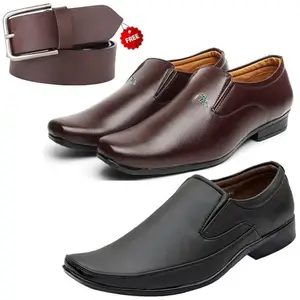 Attractive Formal Shoes/Party Shoes/ 2 Shoes Combo with Free Belt for Men and Boys (BAZAAR9202_VTR-2003-Bdr) Multicolor