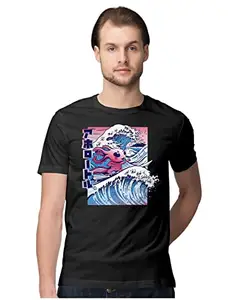 ALLEN BLACK Men's Regular Fit T-Shirt Japanese Aolotl Vaporwave Surfing 100% Cotton T-Shirt Black_JAPAXOLOTLS-Black XL Men Round_