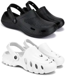 Pampy Angel Combo Pack of 2 Slipper/Flip Flops/Slides/Clogs/Sandals with Adjustable Back Strap for Men,(Cl-500-Black,Cl-100-White),7 (UK/India)