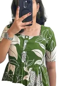 Rayon Printed Kurta for Women, Short Sleeve Flared Dress, Casual Wear