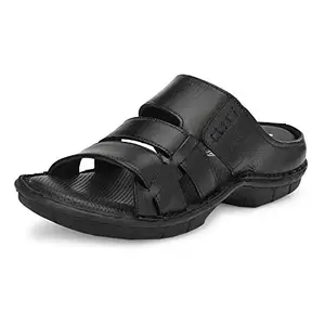 HITZ Men's Black Leather Open Toe Comfort Slippers - 6