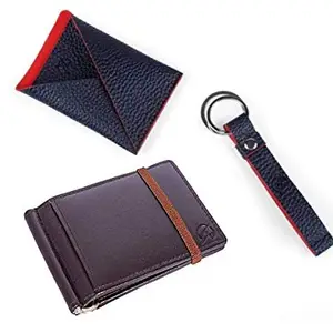 Wanderlust Mens Genuine Leather RFID Slim Money Clip with Business Card Pouch and Key Ring Holder Combo Pack - Brown Money Clip