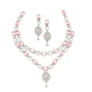 ZENEME Rhodium-Plated American Diamond Studded Abstract Necklace With Earrings Jewellery Set For Girls and Women (Pink)