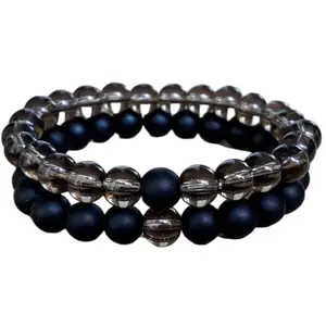 RRJEWELZ black obsidian & smoky quartz 8mm Round Smooth beads Long Distance Couples Love Friendship Combo Bracelet Set - Couples Relationship 7 inch Stretchable Bracelets set|RR_CPBR_052_7
