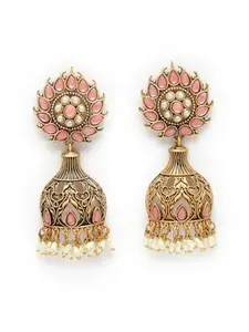 ADIVA Antique Gold-Plated Pink Stone & Pearl Handcrafted Floral Shaped Traditional Jhumka Earrings Set for Women & Girls