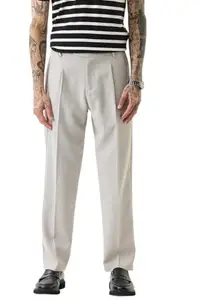Snitch Men's Beige Formal Trousers | Regular Fit Pleated Front Textured Design | Polyester Blend & Medium Stretch for Office & Street Wear
