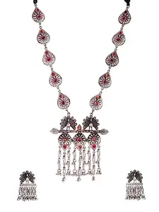 Aaishwarya Silver plated Handcrafted Peacock design Long Necklace Set - Black
