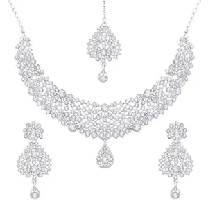 Atasi International Glitter Miracle Silver Plated Alloy Choker Necklace Set with Earrings and Maang Tikka For Women (R5404)