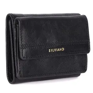 Silviano Windsor Women’s Compact Bifold Wallet – Black Full-Grain Leather, Zip Coin Pocket, Slim Design, Card Holders, Snap Closure, Gold Hardware, Elegant Gift Box – Luxury Leather Purse