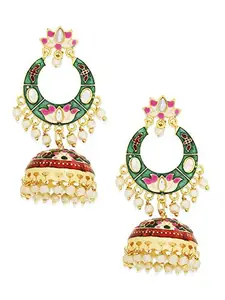 OOMPH Jewellery Red Maroon & Green Meenakari Enamel Floral Ethnic Chandbali Jhumka/Jhumki Earrings for Women & Girls