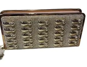 Designer Ladies Wallet with Rhinestone Embellishments, Gold Metallic Finish, Pom Pom Charm