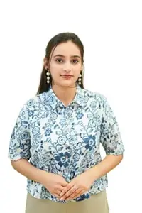 KSD Clothing Women's Blue Floral Print Shirt | Half Sleeve, Regular Fit, Short Length for Women