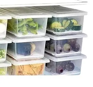 (Pack of 6) Fridge Storage Boxes Fridge Organizer with Removable Drain Plate and Lid Stackable Fridge Storage Containers Plastic Freezer Storage Containers for Fish, Meat AP_02
