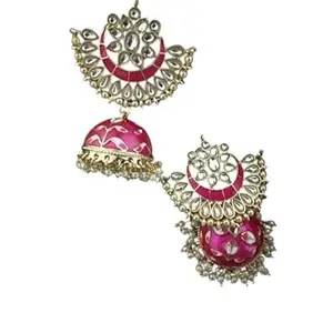 Fashion Empire Traditional Kundan Chandbali Earrings, Pink Meenakari, Gold-Plated, Half-Moon Design