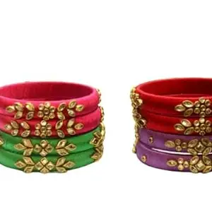 Worked Silk thread bangles set for Women Silk thread Desinger kundan bangls full combo 4 pair (2.2)