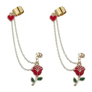 Via Mazzini Fashionable Gold Plated Hanging Rose Serenity With Chain Stud Cum Ear Cuff Earrings For Women And Girls (ER2609) 1 Pair