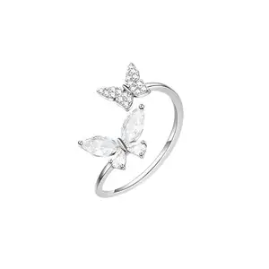 MYKI Elegant Double Butterfly Diamond Ring For Women & Girls (Silver)