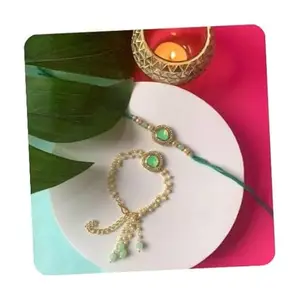 I Jewels Mens Kundan & Pearl Hanging Bhaiya Bhabhi Lumba Rakhi Set With Roli Chawal And Rakshabandhan Card (R140Min-Co)
