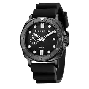 Giordano Analog Quartz Watch for Men with Round Dial, Luminous Hours Markers, Date Display, Small Seconds Sub-Dial and Wavy Pattern Silicone Strap