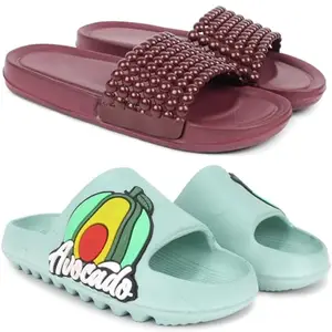 Pampy Angel Combo Pack of 2 Slipper/Flip Flops/Slides/Clogs/Sandals with Adjustable Back Strap for Women,(Moti-Maroon,T-Acado-Green),38 (Euro)