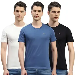 Monte Carlo Mens Black & Blue & Off White Solid Round Neck Half Sleeve Regular Fit Pack of 3 T-Shirt (22403209-7-44)