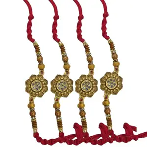 Shoppigchkra - Pack of 4 Traditional Bead Rakhi with Stone Center – Ethnic Rakhi Set for Brother with Roli Haldi Chawal Mishri