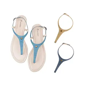 Cameleo -changes with You! Women's Plural T-Strap Slingback Flat Sandals | 3-in-1 Interchangeable Strap Set | Light-Blue-Olive-Green-Dark-Blue