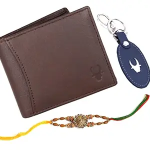 WildHorn Rakhi Gift Hamper for Brother - Classic Men's Combo/Gift Set of Leather Wallet, Keyring and Rakhi for Brother (Brown)