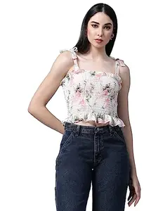 OOMPH! Sleeveless Floral Crop Tops for Women Western, White - mt601