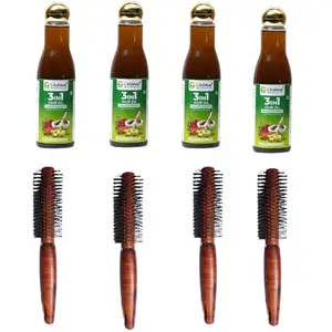 G Krishna Naturals Combo Pack of Wooden Round Hair Brush & 3 in 1 Hair Oi for Women & Men | Durable Long Lasting Wood Kangi and Hair Oil for Natural Hair Growth (Pack of 4 Each)(GKNPC4-11)