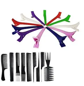 LEYSIN Combo Of 9 Pcs Hair Cutting Comb Set And Section Clips For Girls And Women For Different Hair Styling Use Multi Color Pack Of 1