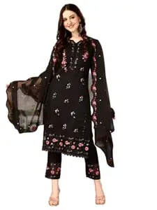 NIVANA Womens Pakistani Embroidered Cotton Kurta with Pant & Embroidered Dupatta – Straight Fit, 3/4 Sleeves, Round Neck Ethnic Outfit