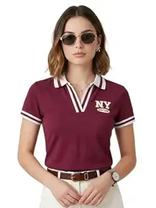 JUNEBERRY® Women’s Regular Fit Lycra Polo T-Shirt with Contrast Striped Collar and Half Sleeves, Soft Fabric for All-Day Comfort and Easy Wear (Sizes S to 2XL)