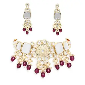 fabula Jewellery Wine Burgundy Maroon Beads & Kundan Ethnic Choker Necklace Set with Drop Earrings For Women & Girls Stylish Latest (NEST5_AFR1)