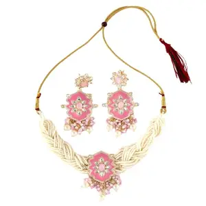 CIERRA Glimmery Round Shape Flower Design Gold Plated Pink Pearl Lariat Choker Necklace Set For Women