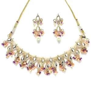 Karatcart Gold Plated Pink and Purple Crystal Kundan Necklace Set for Women