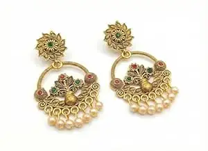 1 LOOK Traditional Oxidised Jhumka Earrings, German Design, Square Stud with Dome and Bead Danglers, 5 cm Length, 2 Pieces
