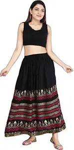 KURTISKIRTS Girls and Women Gold Printed Rayon Skirt-White (Free Size, Black)