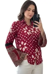 Zans & mens Women's Printed Shirt, Long Sleeve, Embroidered Cuffs, Collared Neck, Casual Ethnic Wear (in, Alpha, 2XL, Regular, Purpal-Bandhni)