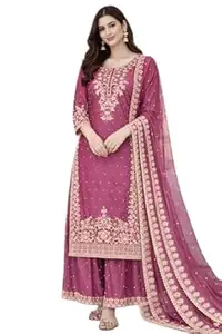 Orriva Womens Silk Full Sleeves Round Neck Kurti Featuring Sequence Coding Work with Palazzo Having Moti Work and Dupatta 3 Piece Ethnic Wear