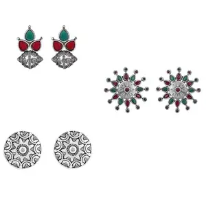 Accessher Silver Plated Tribal Style Design Oxidized Black Stone Combo Earrings with Push Back Closure for Women and Girls (Pack of 3)