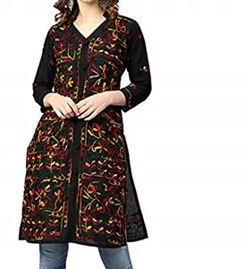 Women Cotton Kurta with Floral Embroidery and Button, Lucknowi Chikan Work Kurti Dress for Ladies & Girls (XXX-Large, Black Multi)