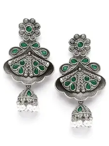 Karatcart Floral Oxidised Silver Green Stone Dangler Earring for Women