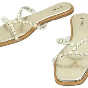 Max Women Pearl Embellished Flat Sandals, GOLD, 36