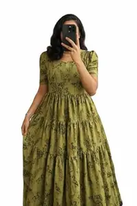 Women's Rayon A-Line Midi Dress, Floral Print, Short Sleeves, Round Neck, Tiered Design