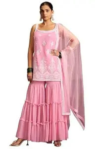 DRESOUL Women Georgette Embroidered Straight Kurta Sharara Set with Net Dupatta Festive Outfit