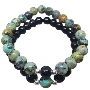 RRJEWELZ African Turquoise & Black Onyx 8mm Round Smooth beads Long Distance Couples Love Friendship Combo Bracelet Set - Couples Relationship 6.5 inch Stretchable Bracelets set|RR_CPBR_005_6.5