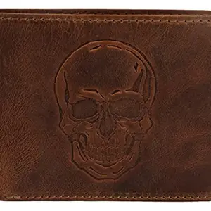 Karmanah Skull Embossed Genuine Leather Vintage Wallet RFID Protected Wallet (Light Brown)