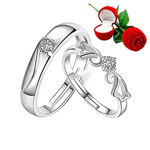 NM Creation Silver Plated Adjustable Couple Rings Set for lovers Ring with 1 Piece Red Rose Gift Box for Men and Women